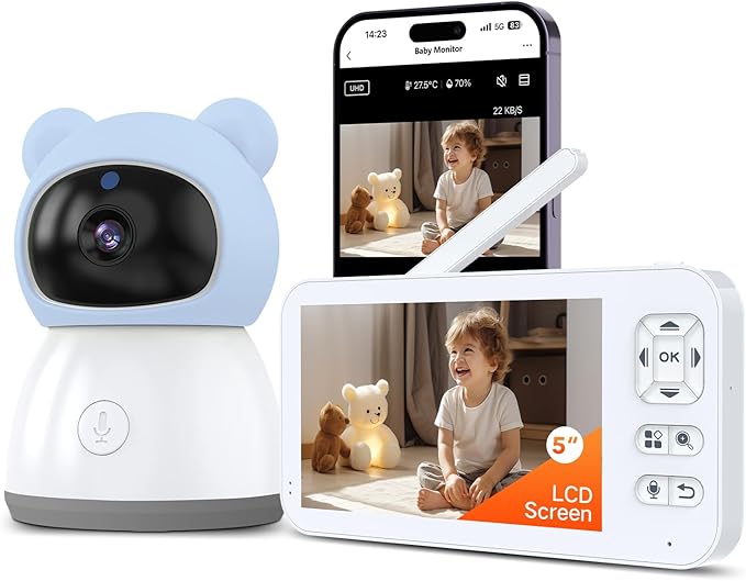 2K WiFi Baby Monitor with 5'' 1080P Screen, Smart Baby Camera with App Control, 360°Auto Tracking, Motion & Sound & Humidity & Temperature Detection, Night Vision, 2-Way Talk,Long Battery Life