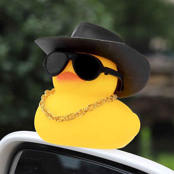 wonuu Car Rubber Duck, Yellow Duck Decoration Dashboard with Sun Hat Swim Ring Necklace Sunglasses for Car Dashboard Decorations