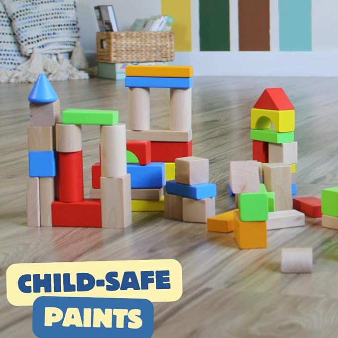 Pidoko Kids Building Blocks for Toddlers 1-3, 100 Pcs Wooden Blocks - Includes Storage Bucket and Shape Sorter Lid - Montessori Wood Block Gifts For Preschool Boys & Girls