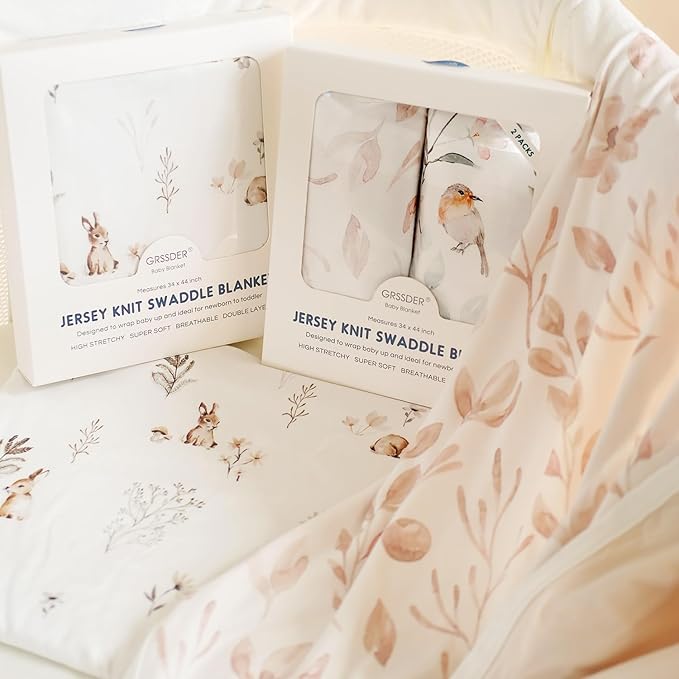 GRSSDER Baby Swaddle Blankets 2 Pack, Super Soft Jersey Knit Baby Quilt Blankets for Baby Girls, Double Layer Receiving Blankets 34 x 44 Inches Extra Large for Swaddling, Pink Flowers Season
