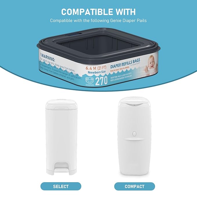 Standard Square Refills Disposal Bags Refill Compatible with Diaper Genie Classic, Compact and Select Pails, Hold Up to 270 Newborn-Sized Diapers Per Refill, Pack of 6