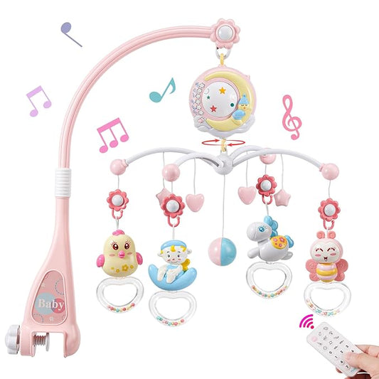 BOBXIN Baby Musical Crib Mobile for Bassinet with Projector and Night Light,150 Music,Timing Function,Take Along Mobile Musical Box and Rattle,Toy for Newborn Girls Boys