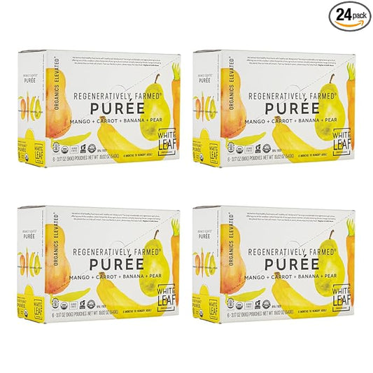 White Leaf Provisions Organic Purees / Baby Food Pouches - Fruits, Veggies & Grains, Toddler snack, Regeneratively Farmed, No Added Sugar, Non-GMO, BPA-Free Pouches 3.17 oz (Pack of 24, Mango + Carrot + Banana + Pear)