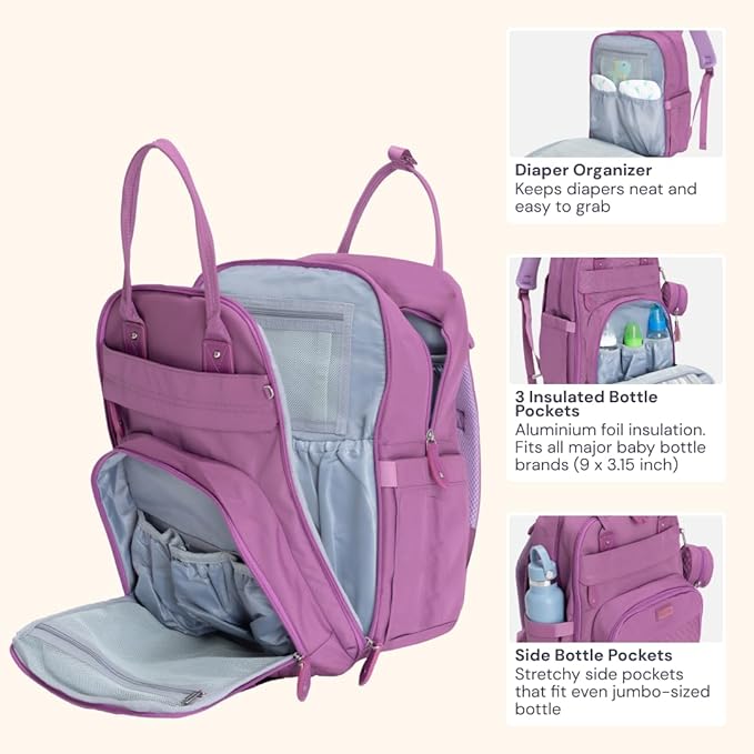 BabbleRoo Diaper Bag Backpack - Baby Essentials Travel Tote - Multi Function Waterproof Diaper Bag, Travel Essentials Baby Bag with Changing Pad, Stroller Straps & Pacifier Case - Unisex, Purple