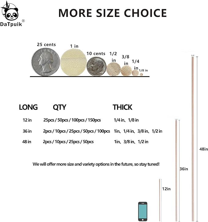 3/4 x 48 Inch 5 PCS Dowel Rods Wood Sticks Wooden Dowel Rods - Unfinished Bamboo Sticks - for Crafts and DIYers