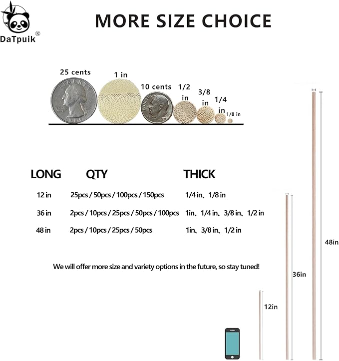 3/4 x 12 Inch 10 PCS Dowel Rods Wood Sticks Wooden Dowel Rods - Unfinished Bamboo Sticks - for Crafts and DIYers