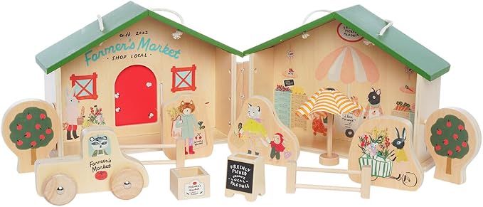 Manhattan Toy Farmer’s Market Day 12-Piece Portable Wooden Toy Figure Pretend Shopping Playset