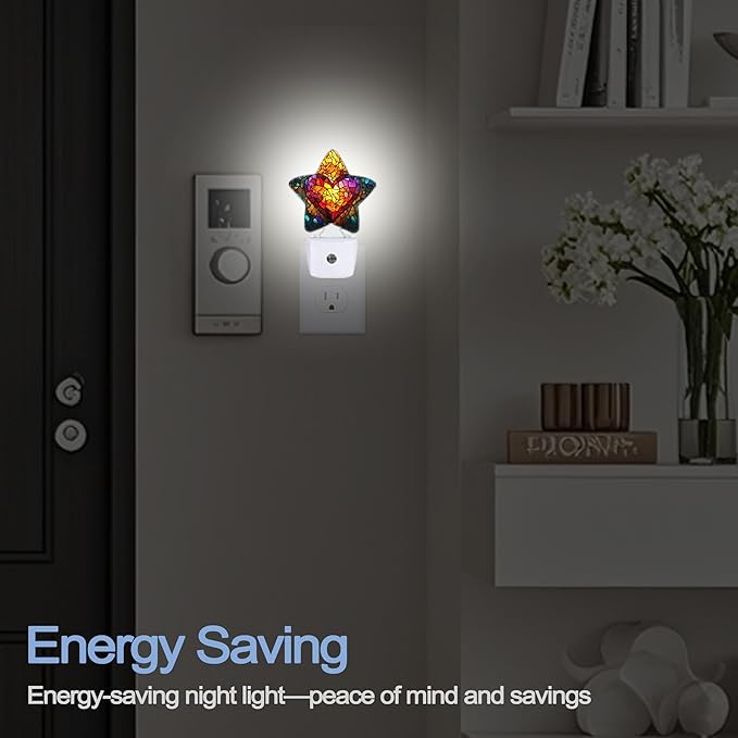 Love Heart Stained Glass Night Lights Plug Into Wall,Abstract Star Night Light for Kids,Nightlight with Dusk to Dawn Smart Sensor for Bedroom Bathroom Decor,Children Women Men Gift