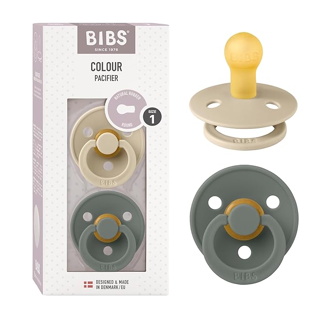 BIBS Pacifiers Colour Collection | Natural Rubber Baby Pacifier | Round Nipple | Set of 2 BPA-Free Soothers | Made in Denmark | 0+ Months (Pack of 2) | Vanilla/Pine