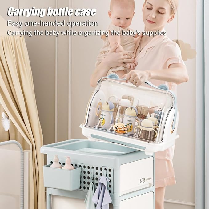 Transparent Baby Bottle Drying Rack with Double Lid and Removable Drain Tray Dust-Proof Baby Bottle Storage Box, Space Saving Baby Bottle Rack Dryer (Blue - Large)