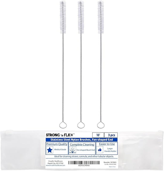 Strong 'n Flex Nylon Straw Cleaner Brushes – Fan-Shaped End for Tight Spaces, Ideal for Reusable Straws, Water Bottles, Sippy Cups & Pipes – Includes Zippered Pouch – 10" Long – Set of 3