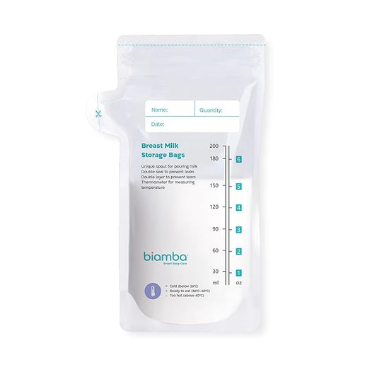 50-Piece Milk Storage Bags Breastmilk by Biamba - Breastmilk Storage Bag Freezer BPA-Free, Double Seal Leak-Resistant, Temperature Indicator, Easy Pour Spout, Pre-Sterilized, 200ml / 6.7 Fl.oz Per Bag
