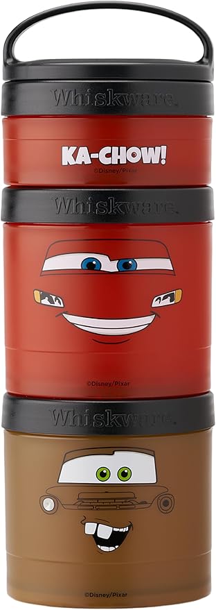 Whiskware Disney Pixar Stackable Snack Containers for Kids and Toddlers, 3 Stackable Snack Cups for School and Travel, Cars Lightning McQueen and Mater