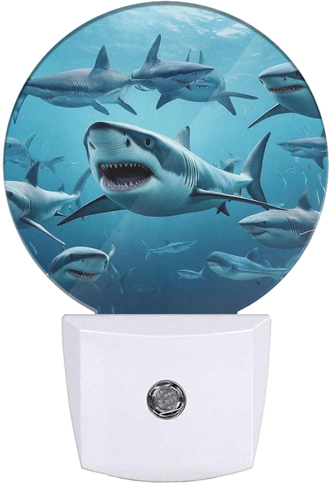 EKOBLA Shark Plug-in Nightlights Undersea Fishes Aquatic Creatures Ocean Sea Plug-in Nightlights Nautical Coastal Blue Decorative Night Light with Dusk-to-Dawn Sensor 0.5W Sleep Friendly
