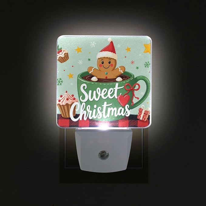 Aslsiy Night Light for Kids Gingerbread Man Cup Christmas Plaid Plug in Wall Lamp LED Dusk to Dawn Sensor Energy Saving Nightlight for Boys Girls Men Women