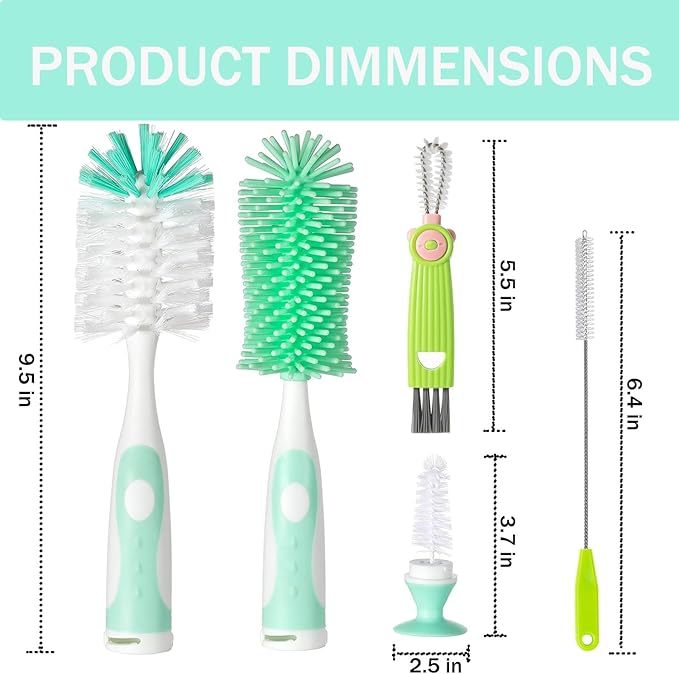 Baby Bottle Brush, 5 in 1 Bottle Cleaner Brush Set with Nylon and Silicone Bottle Brush, Straw Brush, Bottle Brush with Nipple Cleaner and Suction Cup, Cup Lid Cleaner Brushes Kit, BPA-Free (Green)