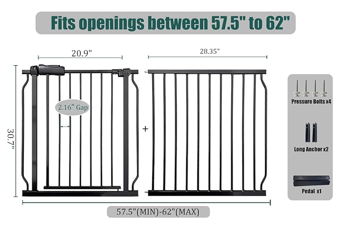 57.5-62 Inch Extra Wide Baby Gate, Auto Close Safety Gate for Kids & Pets, Pressure Mounted No Drill for Indoor Stairs, Black Metal with Extension Kit