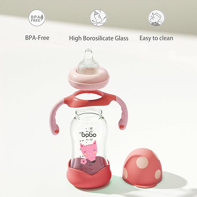 YOHKOH Natural Glass Baby Bottle with Natural Response Nipple, Wide Neck Baby Bottles with Handle, Newborn Anti-Colic Baby Bottles Gift Set, Clear (5.4oz (Pack of 2), Red)