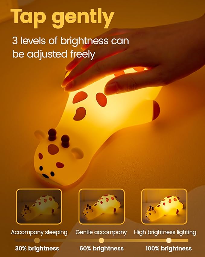 Kids Night Light Giraffe, Silicone Tap Control Bedside Lamp with Time Auto-Off, Cute Portable LED Nursery Light for Baby, Toddler, Bedroom
