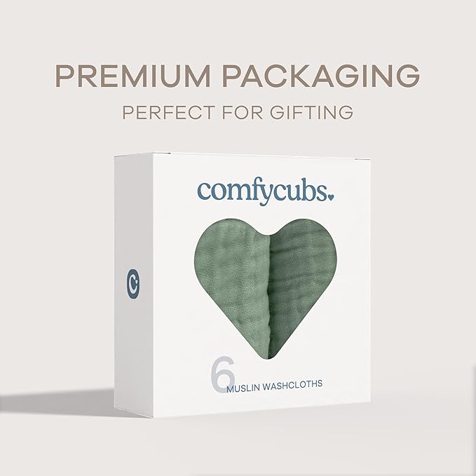 Comfy Cubs Muslin Baby Washcloths 6 Pack - Soft 6-Layer Cotton Wash Cloths for Sensitive Skin - 10"x10" Large, Gentle, Absorbent Infant Essentials for Newborn and Toddlers - Fern