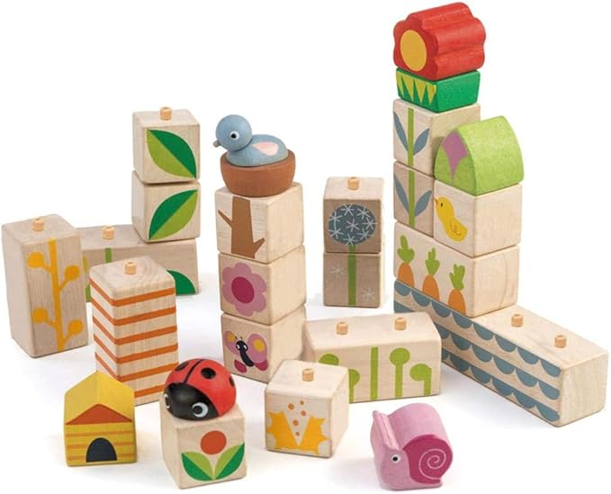 Tender Leaf Toys - Garden Blocks - 25 Pieces Decorative Garden Themed Wooden Stacking Blocks with Peg - Building Blocks, Hand-Eye Coordination Strength & Creative Play - Age 18m+