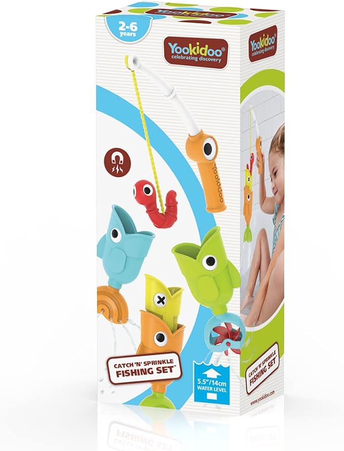 Yookidoo Toddler Baby Bath Magnetic Fishing Game Toy with Water Effects (Ages 2+) Includes 3 Moving Fish, Worm & Fishing Pole (4pc) Floating Fish Playset for Bath Time or Pool (Mold Free)