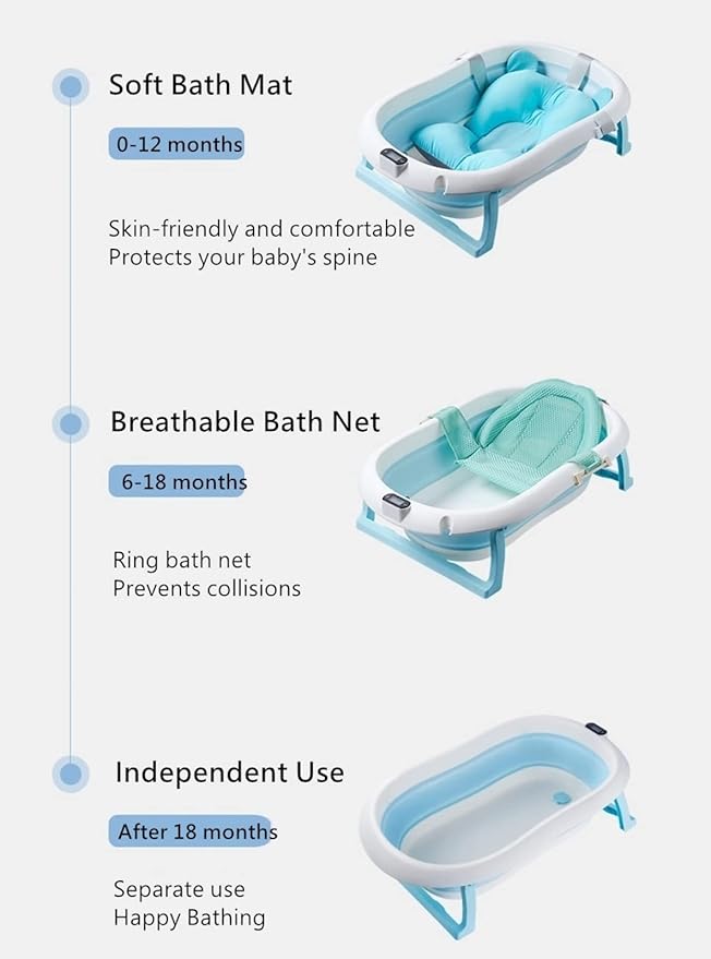 Baby Bath Foldable Newborn Tub with Soft Bath Mat and Real Time Water Temperature Display, Pink
