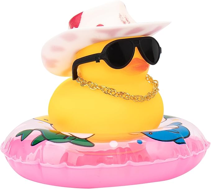 wonuu Car Rubber Duck, Yellow Duck Decoration Dashboard with Sun Hat Swim Ring Necklace Sunglasses for Car Dashboard Decorations, Pink White Cowboy Hat-Pink Dolphin