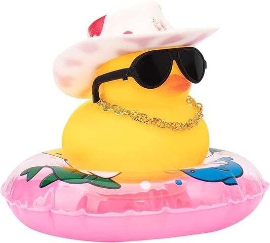 wonuu Car Rubber Duck, Yellow Duck Decoration Dashboard with Sun Hat Swim Ring Necklace Sunglasses for Car Dashboard Decorations, Pink White Cowboy Hat-Pink Dolphin