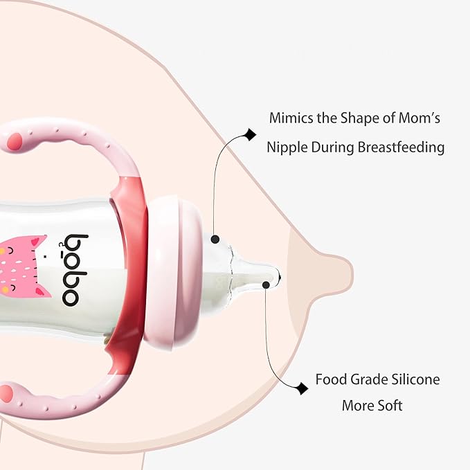 YOHKOH Natural Glass Baby Bottle with Natural Response Nipple, Wide Neck Baby Bottles with Handle, Newborn Anti-Colic Baby Bottles Gift Set, Clear (5.4oz (Pack of 2), Red)