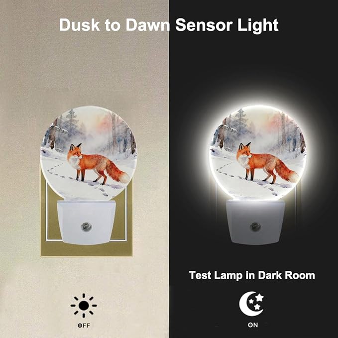 Winter Woods Landscape Night Light Fox in The Snow Dusk to Dawn Plug-in Nightlight Auto Sensor for Bedroom Bathroom Hallway Living Room