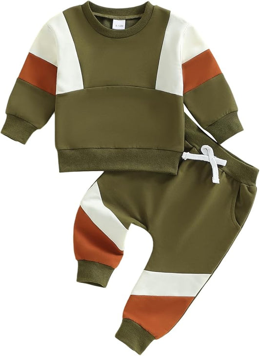 Kupretty Toddler Baby Boy Fall Winter Clothes Color Block Long Sleeve Sweatshirt Pullover Tops + Joggers Pants Outfit Set