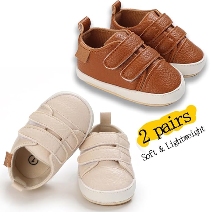 2Pairs Baby Shoes,Boys Girls Non-Slip Rubber Sole Sneakers,Unisex Infant Soft Lightweight First Walking Crib Shoes