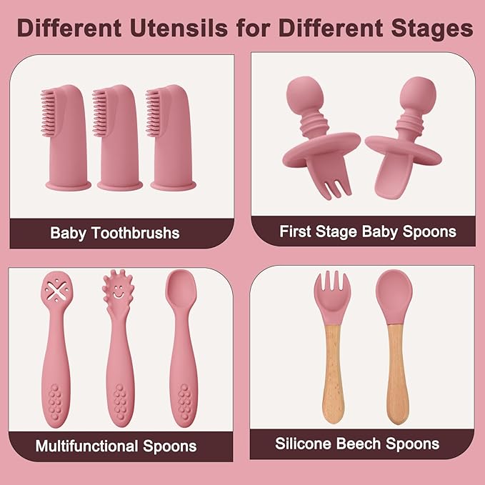 LITTLE RAWR Silicone Baby Feeding Set 14 Pcs,Baby Led Weaning Supplies, Baby Spoons Suction Bowl Divided Plate Bib Cup Finger Brush,First Stage Solid Food Eating Utensils - 6+ Months(Deep Red)