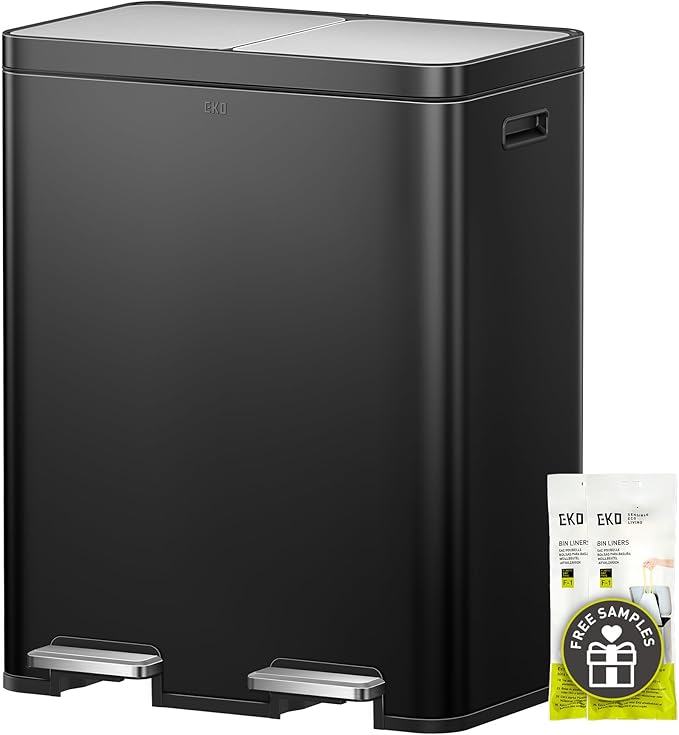 EKO Edison 8+8 Gallon Dual Trash Can for Recycling and Trash, Stainless Steel Kitchen Step Can with Dual Removable Inner Bucket, Independent Lids and Pedals, Black