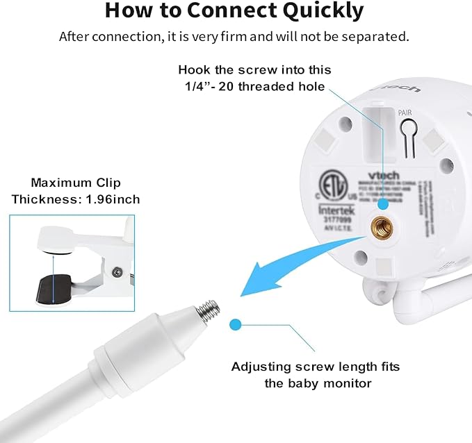 Flexible Baby Monitor Clip Clamp Mount Holder for HelloBaby HB65/HB40/HB6550/HB66/HB248/HB6339/HB6550 Pro, ANMEATE SM935E/SM650/Bonoch/ChildsFarm Baby Monitor, Long Gooseneck Arm, No Tools Needed