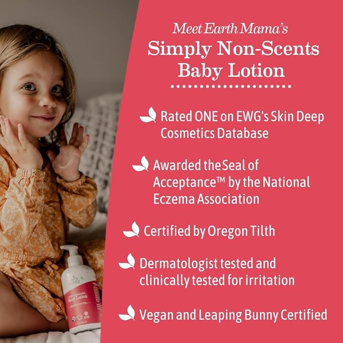 Earth Mama Simply Non-Scents Baby Lotion for Dry Skin, Calendula Cream, Skin Care for Kids, Organic Moisturizer, Unscented Lotion with Aloe, Rooibos, & Shea Butter, 8-Fl oz (2-Pk)