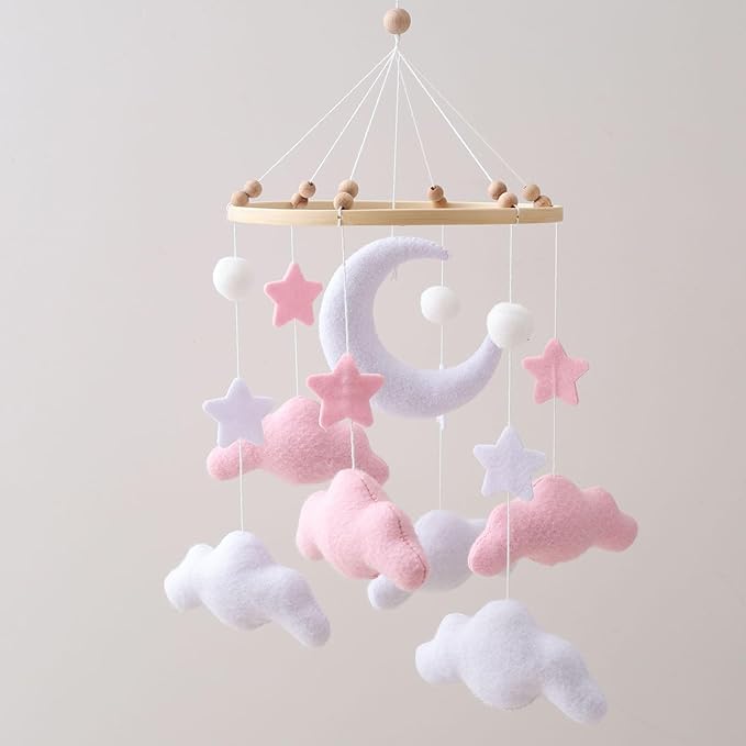 Baby Crib Mobile for Nursery, Pink Mobile Crib, Baby Mobile for Bassinet, Nursery Decor Nursery Hanging Decor Felt Moon Stars Clouds Baby Gift for Boys and Girls