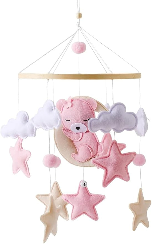 Baby Crib Mobile - Pink Bear Mobile for Crib, Felt Cloud Nursery for Boys and Girls - for Infant Bedroom Hanging Decoration