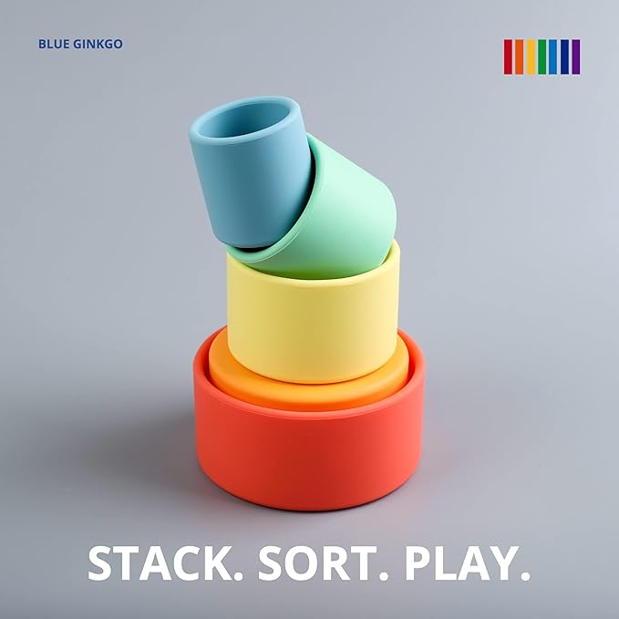 BLUE GINKGO Silicone Stacking Cups – Nesting & Sensory Stacking Toy for Toddlers | Open-Ended Montessori Toy with 5 Cups (Matte Colors)