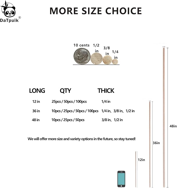 3/8 x 48 Inch 10 PCS Dowel Rods Wood Sticks Wooden Dowel Rods - Unfinished Bamboo Sticks - for Crafts and DIYers