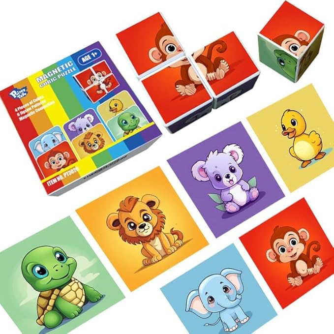 3D Magnetic Cubic Jigsaw Puzzle Toys for Toddlers, Large Building Blocks Cubes 1.65 Inches, Integrated with Magnets, 6 Patterns in Animal Theme