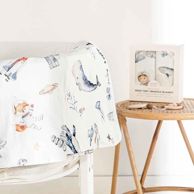 GRSSDER Baby Swaddle Blankets 2 Pack, Super Soft Jersey Knit Baby Quilt Blanket for Baby Boys, Double Layer Receiving Blankets 34 x 44 Inches Extra Large for Swaddling, Sea Fish & Space