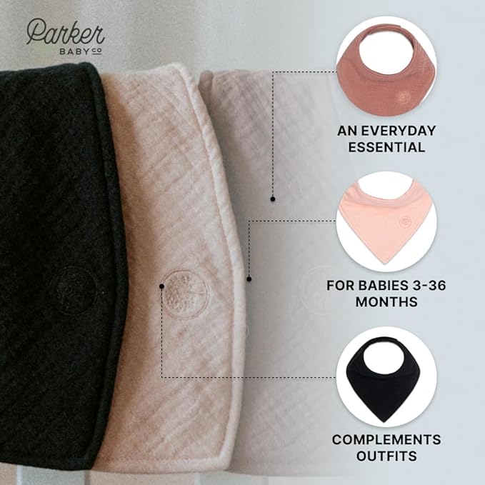 Parker Baby Muslin Bandana Drool Bibs | 100% Soft Muslin Cotton, Absorbent & Adjustable | Stylish Teething & Drooling Bibs