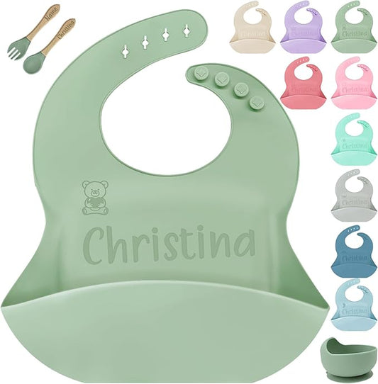 SRdrew Personalized Silicone Bibs Set Custom Engraved Name Icon Toddler Bib Durable Adjustable for Boy Girl