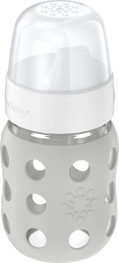 Lifefactory 8-Ounce Wide Neck Glass Baby Bottle with Protective Silicone Sleeve and Hard Sippy Spout, Stone Gray (LG2221WCG4)