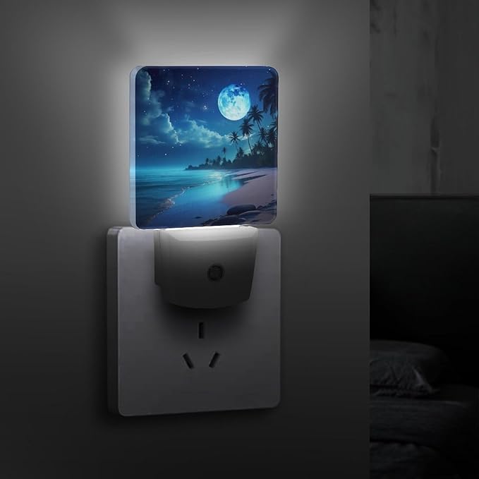Moon Beach Night Light, Plug into Wall Decor Nightlights for Bedroom, Bathroom, Hallway, Kitchen, with Dusk to Dawn Light Auto Sensors LED Night Lights for Boys Girls Women Men Room Gifts
