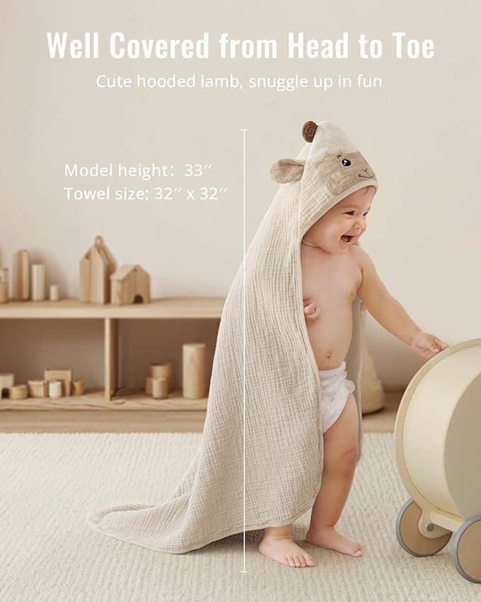 Blissful Diary Muslin Baby Hooded Towel 1 Pack, Soft & Absorbent Bath Towel for Infant, Toddler, Unisex, Baby Gift, Newborn Essentials, Gentle Lamb
