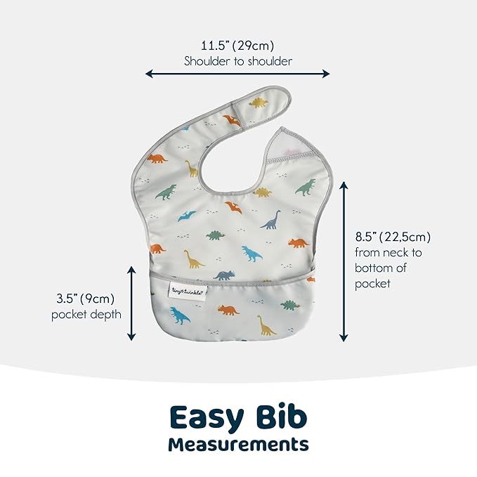 Tiny Twinkle Mess Proof Baby Bibs for Eating – Waterproof, Wipeable Toddler Bibs with Pocket – Baby Food Bibs for Girls & Boys(3 Pack,Dinosaur Set)