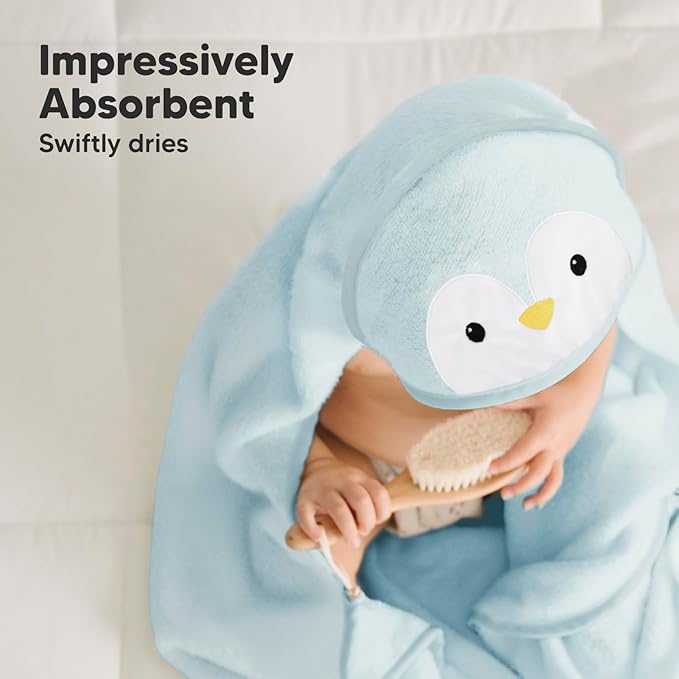 KeaBabies Hooded Baby Towel for Newborn - Viscose Derived from Bamboo Large Baby Bath Towels with Hood for Boys, Girls, Toddler, Extra Absorbent & Soft Newborn Bath Essentials (Penguin, Regular)